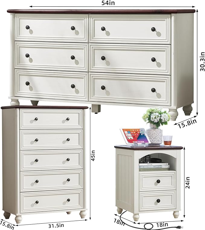 Farmhouse Dressers & Night Stand Set of 3, Wood 54" Wide Dresser & 45"Tall Chest of Drawers, 18" with Charging Station Nightstand, Bedroom Furniture 6 Drawer Dresser Set for Home Living Room Hallway