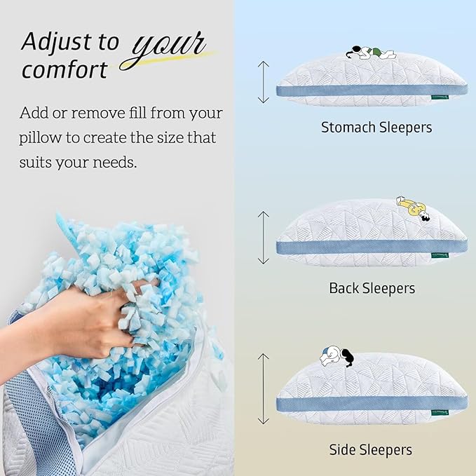 BETU Cooling Pillow King Size, Shredded Memory Foam Pillows for Hot Sleepers, Adjustable Firm Bed Pillows, Hotel Collection Side Sleeper Pillow for Back Pain, Neck, Blue, 20”x36”