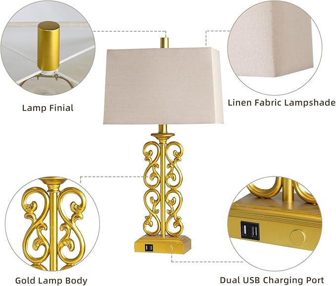 25" Modern Touch Resin Table Lamps Set of 2 for Living Room Bedroom, 3-Way Dimmable with Dual USB Ports, Vintage Nightstand Lamp for Home Office Hotel, 2 Bulbs Included (Gold)