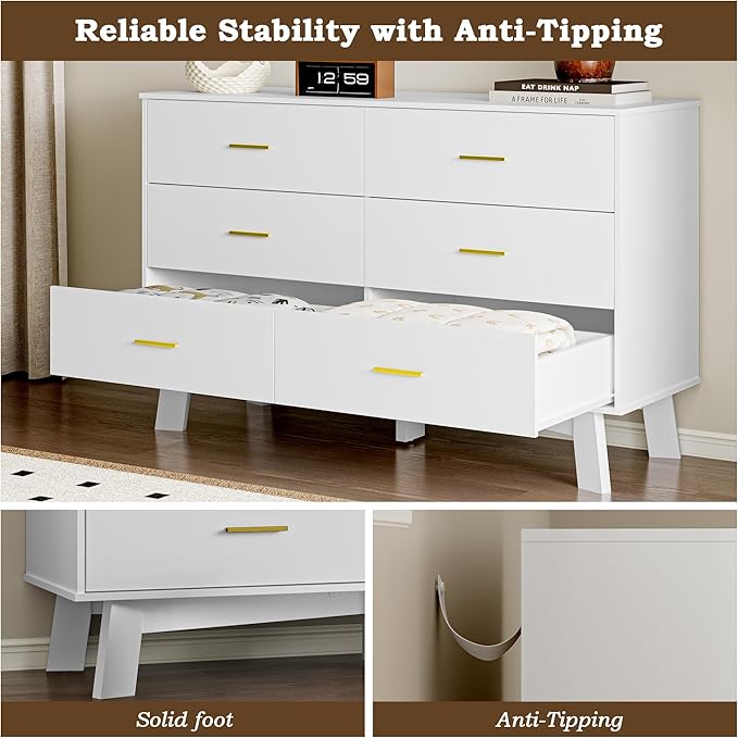 Dresser for Bedroom with 6-Drawer, 47.2" Modern Chest of Drawers with Metal Handles, X-Shape Base & Adjustable Center Leg, Anti-Tip Closet Organizers and Storage