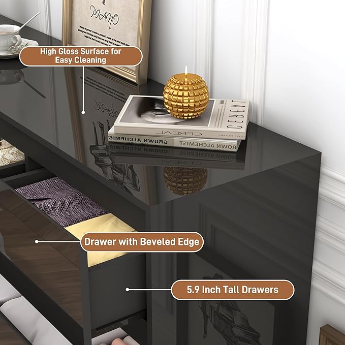 Black Malm Dresser for Bedroom, 55 Inch Long High Gloss Dresser with 7 Drawers, Modern Large Wood Chest of Drawer Handle Free, Living Room, Entryway, Hallway, Black