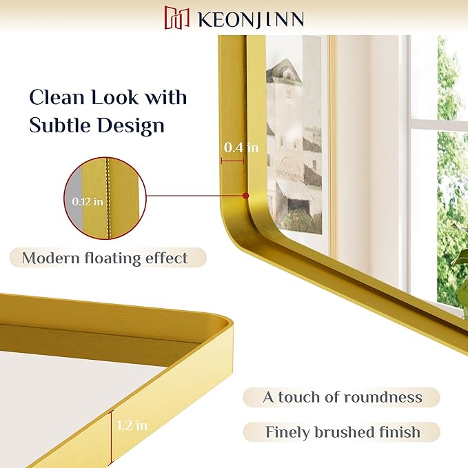 Keonjinn Gold Bathroom Mirror for Over Sink, 30" x 30" Brushed Brass Mirror, Large Rounded Rectangle Gold Vanity Mirror with Metal Frame, HD Tempered Glass Square Wall Mirror(Horizontal/Vertical)
