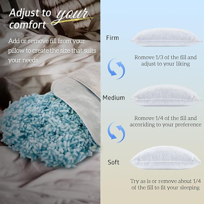 BETU Cooling Standard Pillow, Shredded Memory Foam Cool Pillow for Hot Sleepers, Adjustable Gel Firm Soft Support Bed Pillows Perfect for Back Neck Pain and Side Sleeping with Pillows Case Cover,White