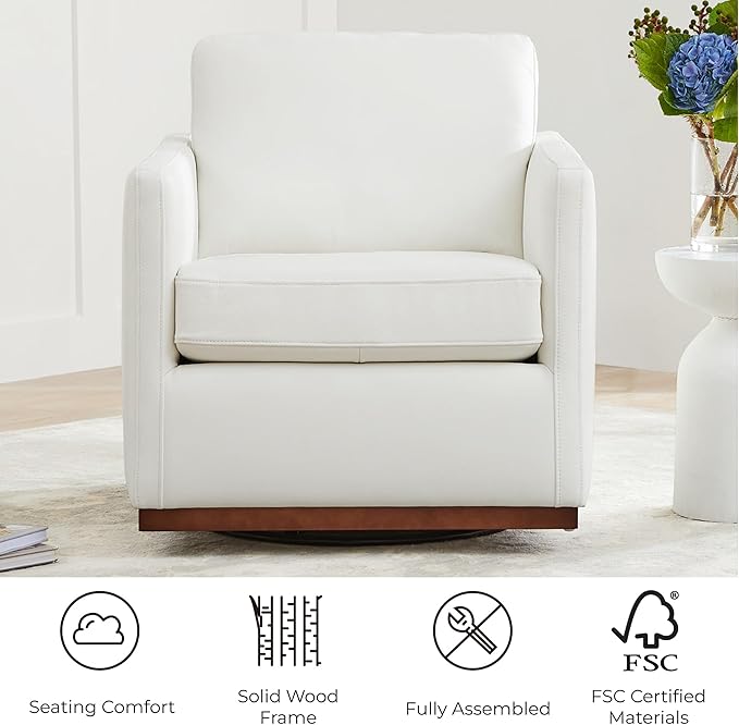 CHITA Genuine Leather Swivel Accent Chair, FSC Certified Mid Century Modern Arm Chair for Living Room and Bedroom, Fully Assembled, White