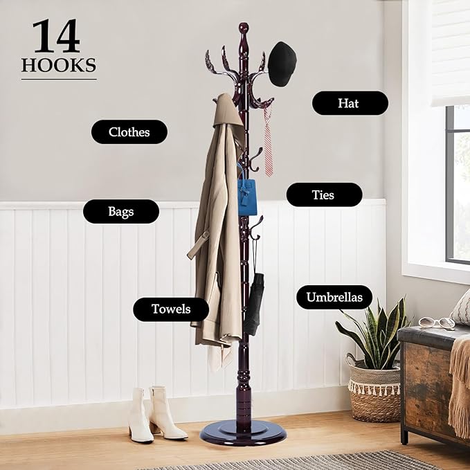 Wood Coat Rack Freestanding, Natural Coats Tree Stand with 14 Hooks, 73" Sturdy and Easy Assembly Coat Rack Stand for Entryway, Hallway, Bedroom, Bags, Hats (Heavy-duty Disc Base, Royal Claw)
