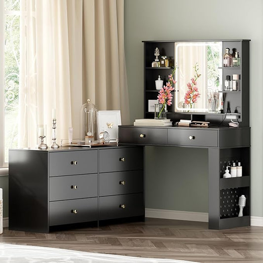 Large Makeup Vanity Desk with Mirror and Lights, Vanity Desk with 8 Drawers & Storage Shelves, Vanity Table with Power Outlet, 3 Color Modes & Adjustable Brightness Dressing Table, Bedroom,Black