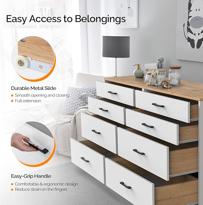 VINGLI 8 Drawer Dresser 56" Long Dresser White, Wood Dresser for Bedroom, Wood Dresser Chest of Drawers, Storage Dresser Cabinet, Modern Dresser, Large Dresser, Nursery Dresser, Brown Top