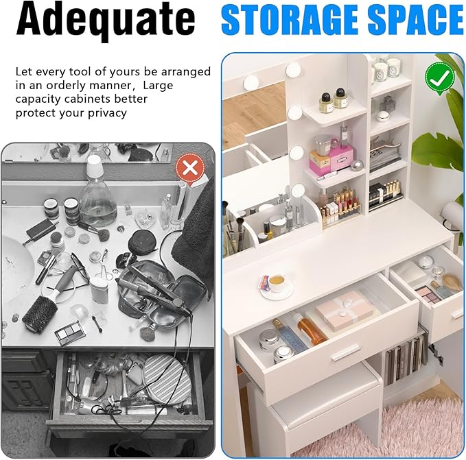 White Vanity Desk with Mirror and Lights, Makeup Vanity Desk with Lights 3 Colors, Dressing Table with 10 Bulbs, Power Outlet 2 Drawers Vanity Stool Makeup Table Set for Bedroom, Dressing Room