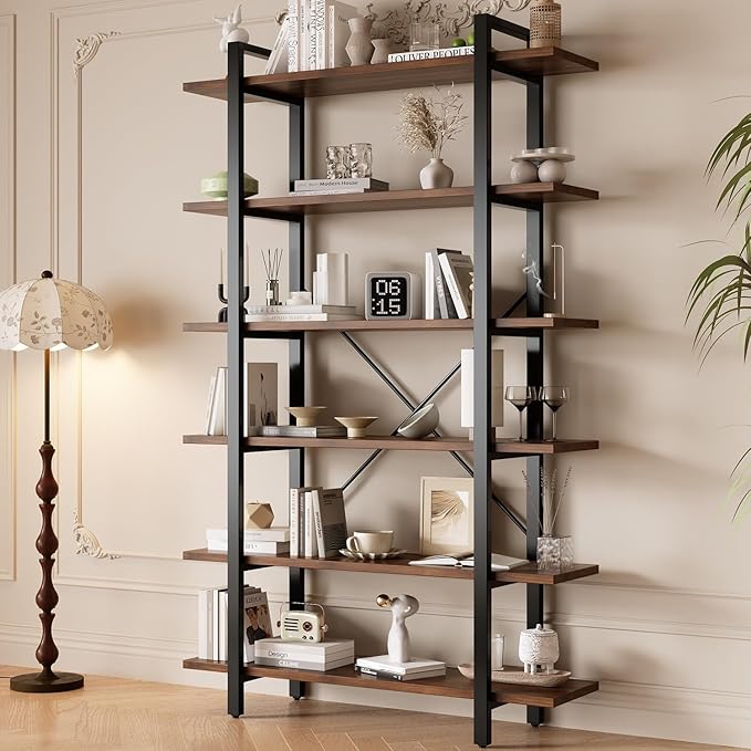 6 Tiers Bookshelf, Classically Modern White Bookshelf, Book Rack, Storage Rack Shelves in Living Room/Home/Office, Books Holder Organizer for Books/Movies (Dark Walnut, 6 Tiers)