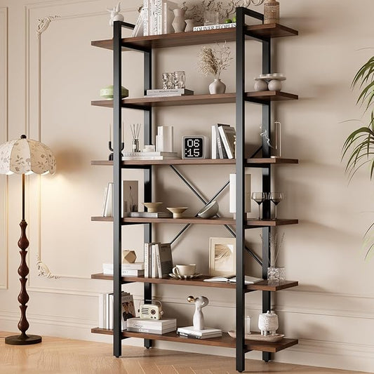 6 Tiers Bookshelf, Classically Modern White Bookshelf, Book Rack, Storage Rack Shelves in Living Room/Home/Office, Books Holder Organizer for Books/Movies (Dark Walnut, 6 Tiers)