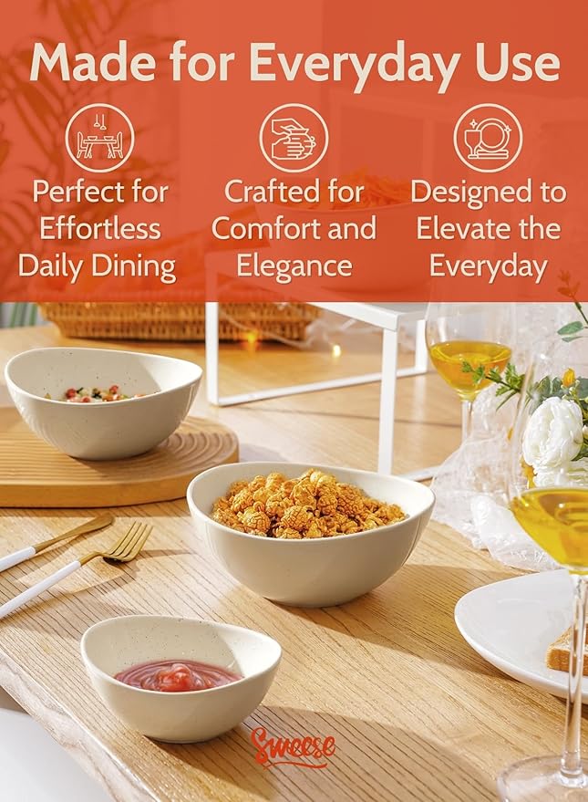 Sweese Porcelain Bowl Set - Serving, Prep, Salad, Dishwasher Microwave Safe, 10/18/28/42 oz, White Grey