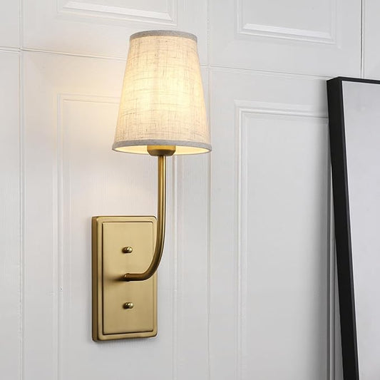 Vintage Brass Wall Sconce 1-Light, Linen Fabric Shade Wall Lamp Hardwired Indoor Wall Light for Bedroom Living Room Vanity Bathroom