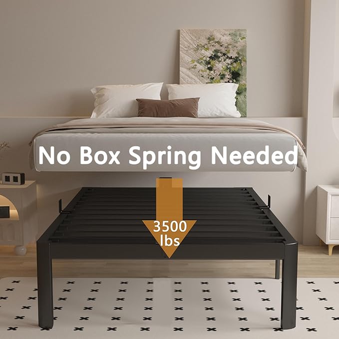 16 Inch Twin Bed Frames with Metal Baffles, Black Twin Metal Bed Frame No Box Spring Needed, Heavy Duty Steel Supprt to 3500LBS, Rounded Corner Design, Noiseless, Easy Assembly