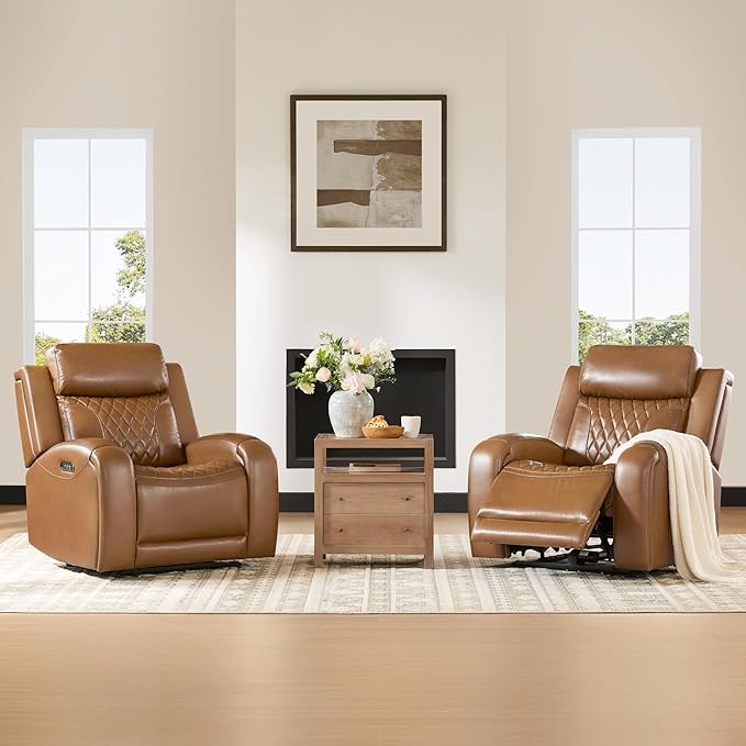 CHITA Genuine Leather Recliner Chair for Adults with Adjustable Power Headrest, Lay Flat Power Recliner with Slide-Out Cupholders & USB/Type-C Ports, Living Room Chair, Saddle
