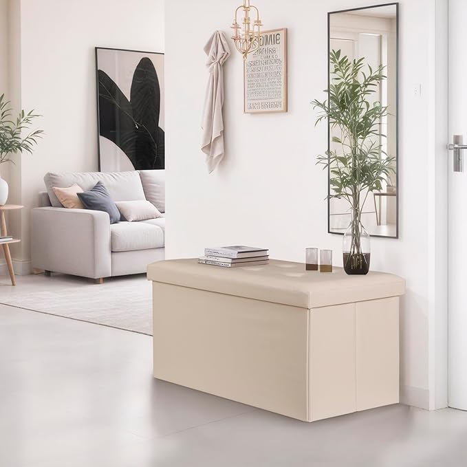 SUPER DEAL Folding Storage Ottoman Bench, 30 Inches Footrest Storage Bin with Padded Seat, Entryway Shoe Bench for Living Room Bedroom, 30"x15"x15", Faux Leather, Beige