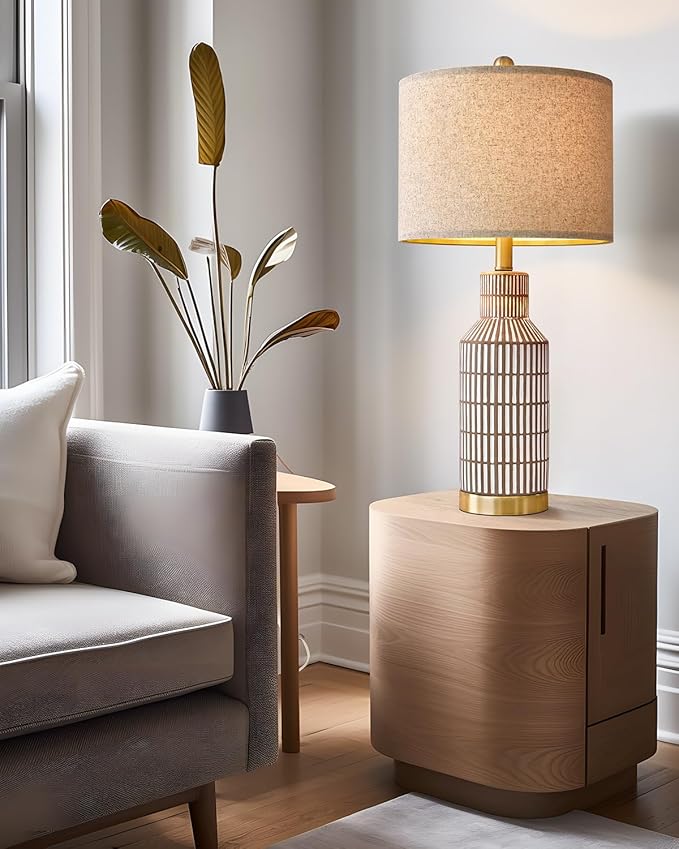 25" Table Lamps Set of 2, Modern Ceramic Bedside Lamps - Farmhouse Brown Nightstand Lamps for Bedroom, Boho Living Room End Table & Office Desk Decor