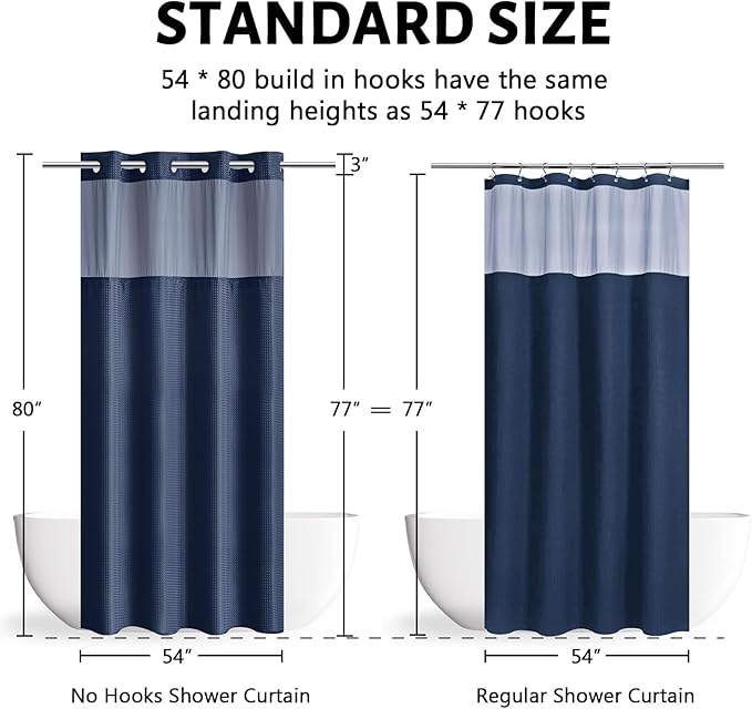 No Hook Waffle Weave Shower Curtain with Snap in Fabric Liner Set,Heavy Duty Textured Bathroom Curtain with See Through Window,Waterproof & Machine Washable,Navy Blue,Stall 54x80 Inch