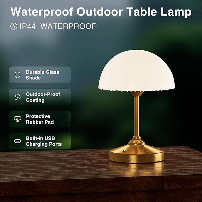 Mushroom Lamp Table Lamp Waterproof,Desk Cordless Battery Operated Lamps for Bedroom,Outdoor Cordless Rechargeable Bedside Lamps for Night Stands,5000mAh LED Night Light for Living Room(Gold)