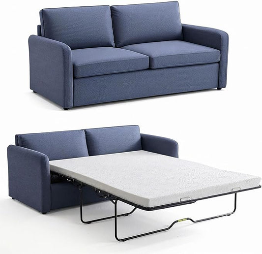 Queen Pull Out Sofa Bed, 2-in-1 Convertible Sleeper Sofa Couch with Memory Foam Mattress – Space-Saving Sofa Bed Queen for Living Room & Guest Room, Navy Blue