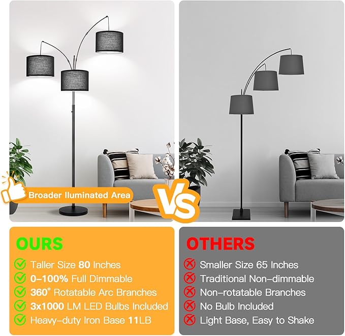 Dimmable Floor Lamp, 3 Lights Black Arc Floor Lamps for Living Room, Modern Tall Standing Tree Lamp with Black Shade & Heavy Base, Large Floor Lamp for Bedroom Office, 3x1000 LM LED Bulbs Included
