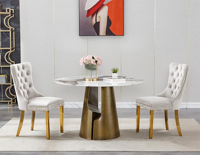 3-Piece Faux Marble Round Dining Table Set for 2, Modern Luxury Kitchen Table Set for 2 with Beige Tufted Chairs,Circle Dining Tables with Pandora Grain Top and Bronze Pedestal Base