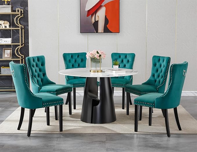 7-Piece Faux Marble Round Dining Table Set for 6, Modern Luxury Kitchen Table Set for 6 with Green Tufted Chairs,Circle Dining Tables with White Marble Grain Top and Black Pedestal Base