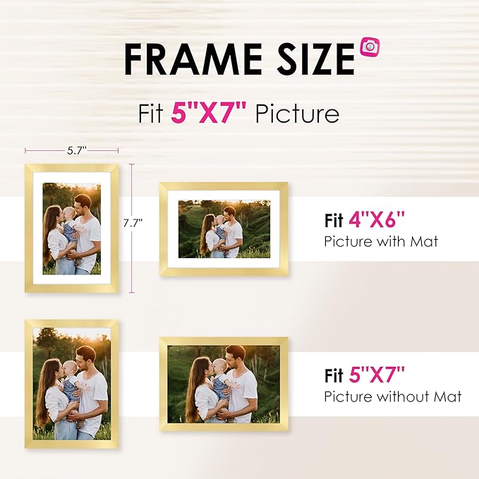 FIXSMITH 5x7 Picture Frame Set of 2, Gold Picture Frames Collage for Tabletop or Wall Display, Photo Frame with HD Plexiglass, Display Pictures 4x6 with Mat or 5x7 Without Mat