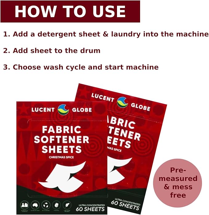 Lucent Globe Laundry Detergent Sheets - Pre-Measured Laundry Sheets - Powerful Stain Removal - Gentle on Skin & Fabrics - Works in All Washers - Convenient. (Christmas Spice Fabric Softener)