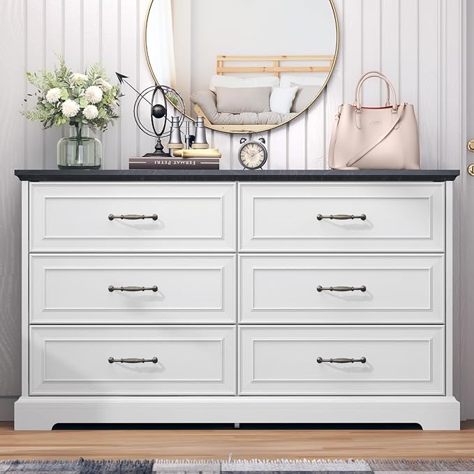 Dresser for Bedroom with 6 Drawer, Farmhouse Dresser for Closet, 47'' Wide Rustic Wooden Chest of Drawers with Natural Wood Texture, Vintage Storage Organizer for Living Room, Hallway, White