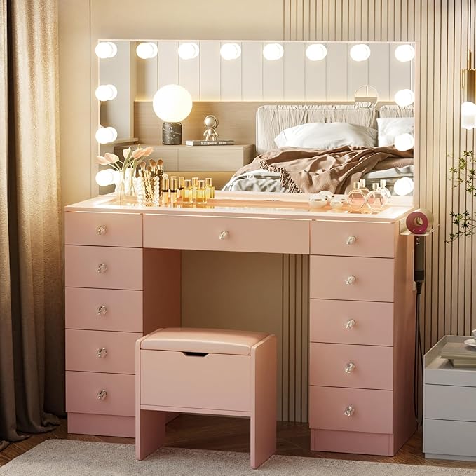 VOWNER Vanity with Lighted Mirror - Glass Top Makeup Vanity Desk with Lights and 11 Drawers, 3 Color Lighting Modes Adjustable Brightness, 46" Makeup Desk with Soft Cushioned Stool for Bedroom, Pink