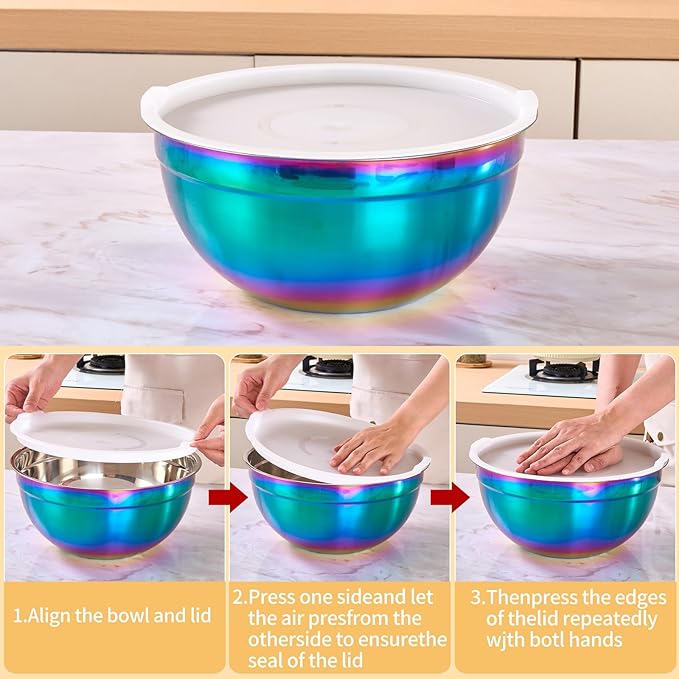 6-Piece Rainbow Stainless Steel Baking & Mixing Bowls Set, Cereal, Dessert, Rice, Fruit & Dipping Bowls, Deep Soup Bowl, Airtight Lid