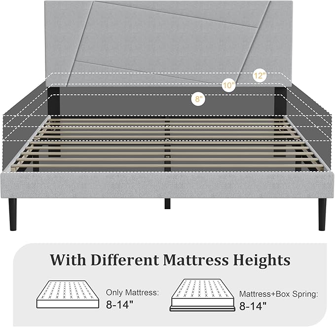 Queen Size Bed Frame, Queen Platform Bed Frame with Fabric Upholstered Headboard, Geometric Pattern, Sturdy Frame and Slats, Noiseless, No Springs Required, Easy to Assemble，Light Gray