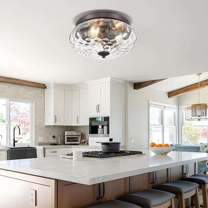 Darkaway Large Ceiling Light Fixtures, 3-Light Flush Mount Indoor Outdoor Ceiling Light with Water Ripple Glass Shade for Porch Hallway Kitchen Living Room Bronze Finish