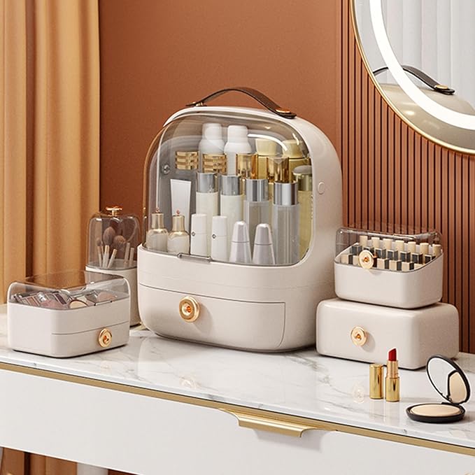 Ergocar Make Up Case Dustproof Cosmetics Skin Care Products Cosmetic Storage Box, Multi-Function Jewelry Organizer Case - White + Drawer