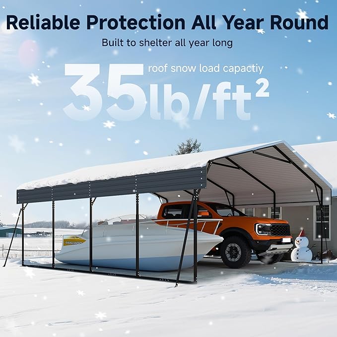 Heavy Duty Metal Carport, 20 x 20FT Outdoor Carport with Galvanized Steel Frame and Roof, Multi-Use Car Shelter for 2 Cars, Pickup, Tractors, Gray