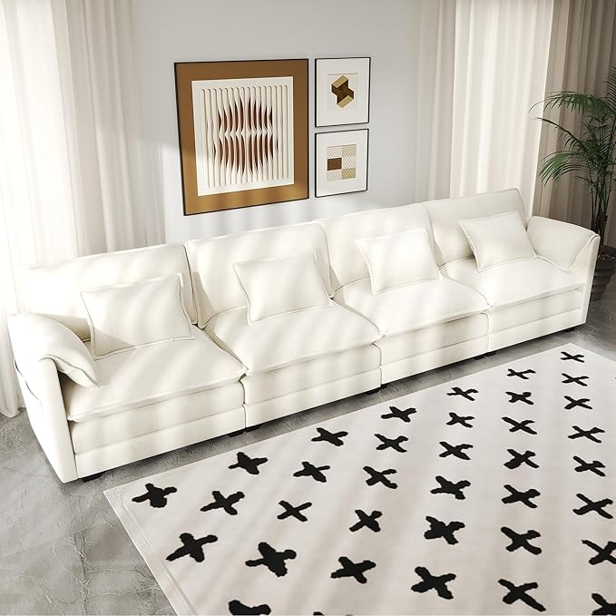 Real Relax 145'' Modular Sectional Sofa, 4 Seat Chenille Convertible Couch with 8 Pillows and 2 Armrest Pillows for Living Room, Office and Leisure Places, Beige