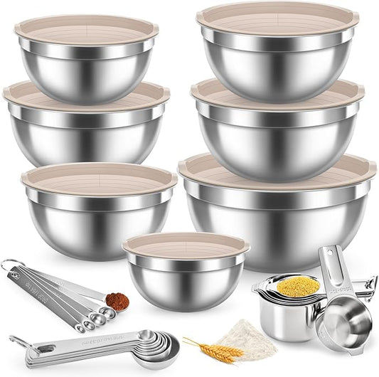 28PCS Mixing Bowls with Airtight Lids Set, Stainless Steel Nesting Prep Bowls with 7 Measuring Cups & 14 Measuring Spoons for Cooking, Baking, Serving, Food Storage, Size 5.5/3.5/2.5/2/1.4/1/0.62QT