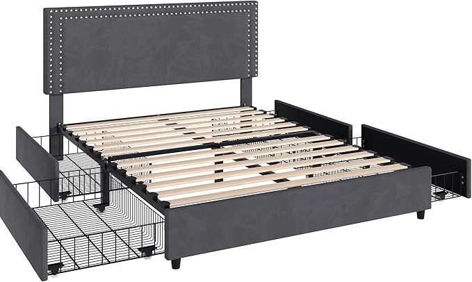 VECELO Queen Size Upholstered Platform Bed Frame with 4 Storage Drawers, Adjustable Velvet Rivets Headboard, Wooden Slats Support, No Box Spring Needed, Easy Assembly