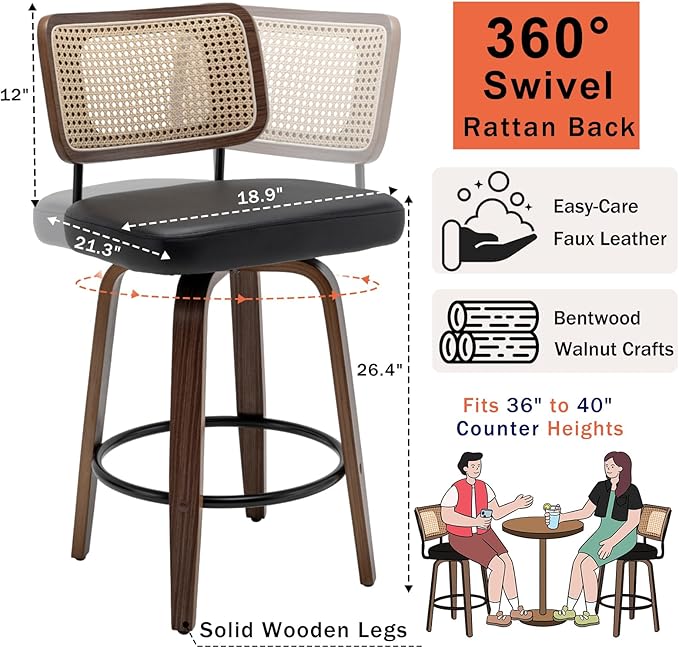 Swivel Counter Height Stools - 26 inch Counter Stools Set of 3 with Curved Rattan Back, Walnut Craftsmanship, Upholstered Seat, Counter Height Bar Stool for Island/Pub/Kitchen (26" Seat Height, Black)