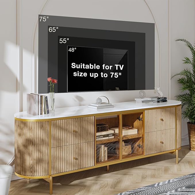 Luxury 70" Fluted TV Stand for TVs Up to 75", Modern Entertainment Center with Faux Marble Top, Media Console with Curved Profile Design, Television Stands for Living Room, Wood
