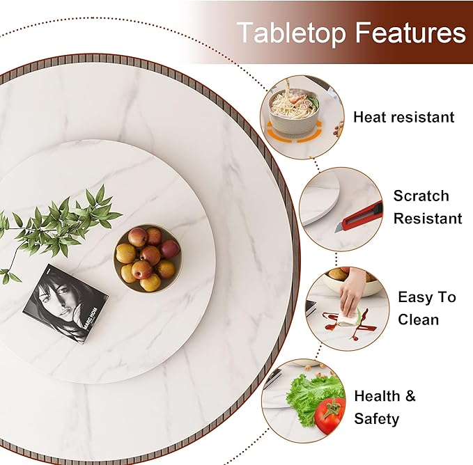 Dining Table Set with 4 Chairs, 53" Round Modern Marble Dining Table with Lazy Susan, Sintered Stone Top for Kitchen, Dining Room, Dinette