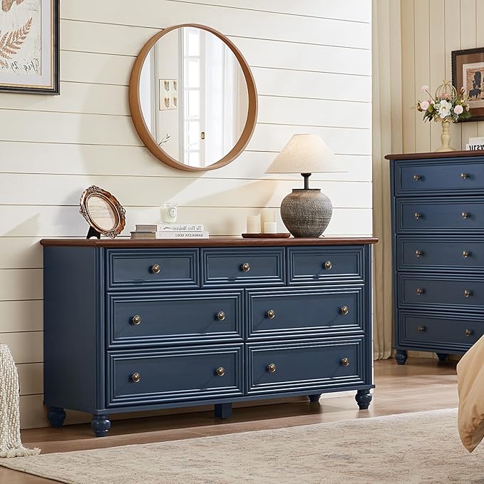 Farmhouse Dressers & Night Stand Set of 3, Wood 54" Wide Dresser & 45"Tall Chest of Drawers, 18" with Charging Station Nightstand, Bedroom Furniture 7 Drawer Dresser Set for Home Living Room Hallway
