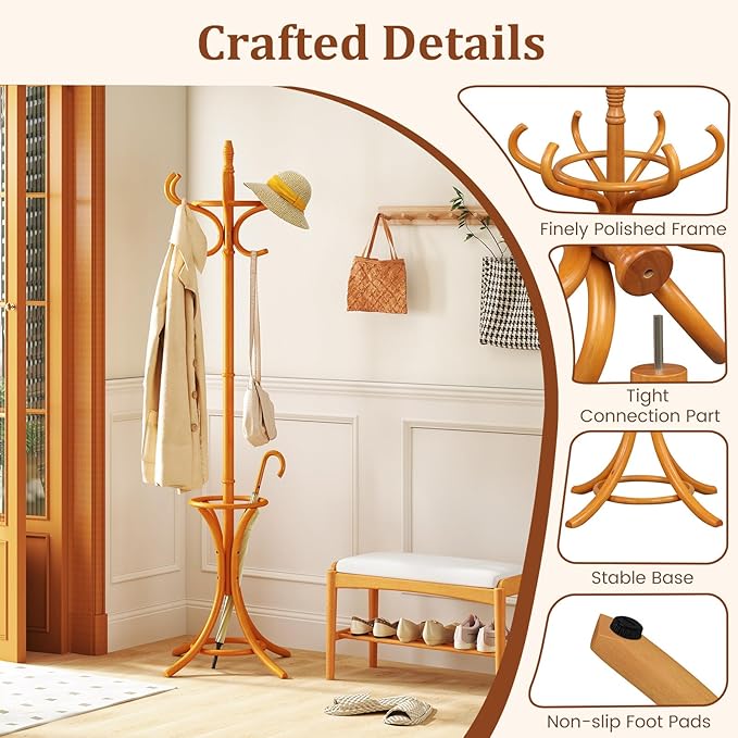 Tangkula Coat Rack with Umbrella Holder, 73 Inch Freestanding Coat Hanger Stand with 12 Hooks, Wooden Entryway Coat Tree for Clothes, Bags, Hats, Scarves, Living Room, Bedroom, Hallway (Natural)