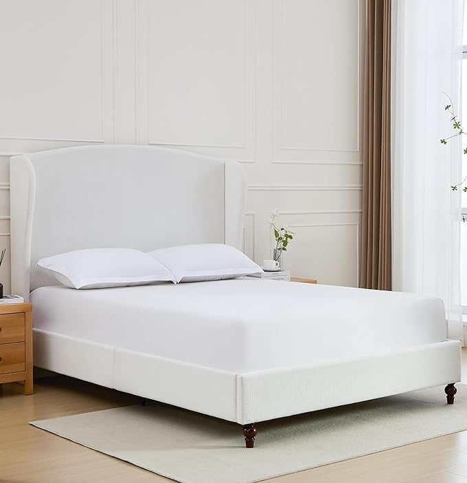 King Size Upholstered Platform Bed with 54" Camelback Headboard, Chenille Fabric, Metal & Wood Support, No Box Spring Needed (Cream White Chenille Curved, King)