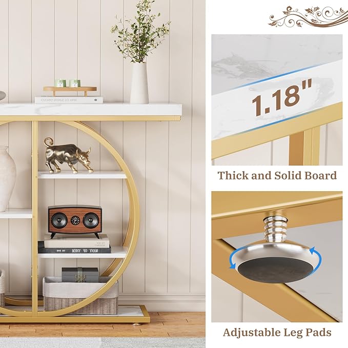 41.3" Console Table for Entryway, Industrial Hallway Sofa Table with Storage Shelves, Narrow Accent Decor Living Room Furniture with Circle Base for Foyer, Entrance, White Gold