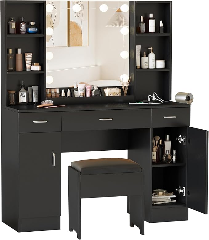 Makeup Vanity Table with Lighted Mirror & Outlets, Large Vanity Set Vanity Desk with Lots of Storage, 9 Drawers, 3 Lighting Modes Brightness Adjustable, 45inch