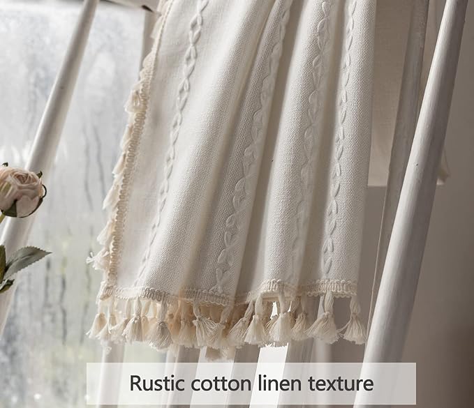 Boho Curtains Semi-Blackout 84 Inch 2 Panels for Living Room, Linen Tassels Farmhouse Curtains with Embroidery for Bedroom Rod Pocket Draperies 52" W x 84" L, Off White