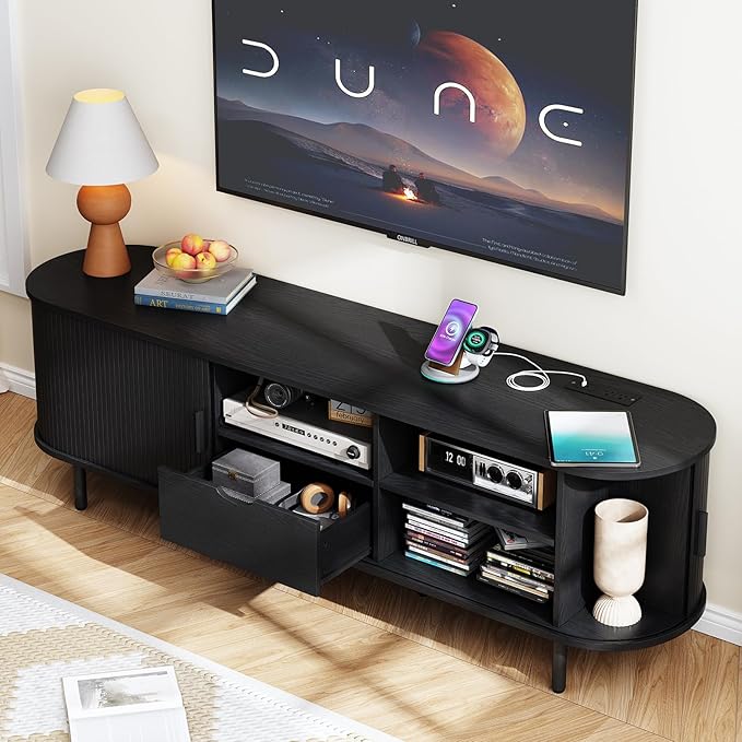 69" TV Stand with Power Outlet for TVs up to 80", Entertainment Center with Storage and Drawer, TV Console with Adjustable Shelves and Sliding Door, TV Stand for Living Room, Bedroom, Black