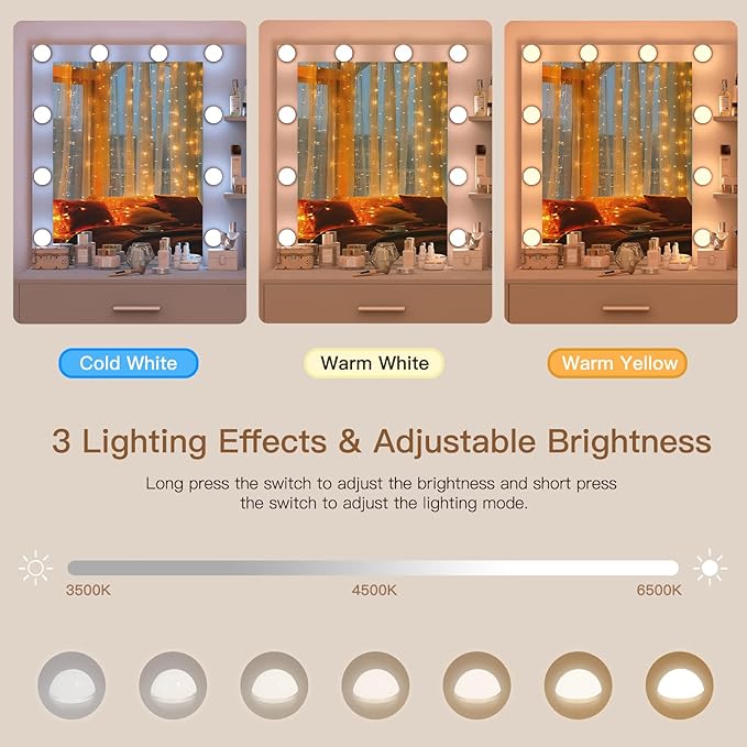 usikey Makeup Vanity with Lights, Vanity Desk with Mirror and 10 LED Lights, Vanity Table Set with 4 Drawers, Cabinet & 4 Necklace Hooks, Dressing Table for Bedroom, Grey