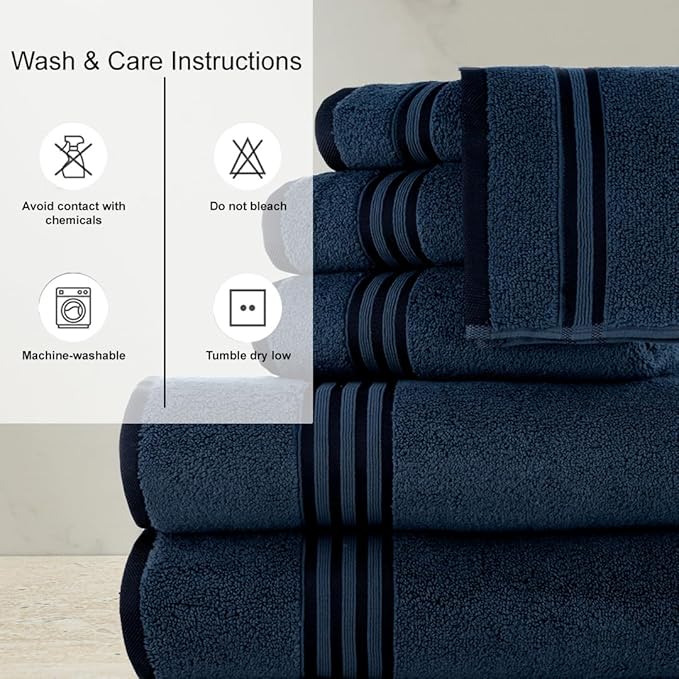 CASA COPENHAGEN Zero Twist, 6 Pieces Set 100% Cotton 0" Twist Towel Set- Dark Blue, 600 GSM, 2 Bath, 2 Hand, 2 Washcloths Made from Egyptian Cotton, Ultra Soft Luxury Towels for Bathroom.